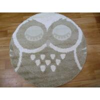 Kids Round Hi-Low Pile Owl Indoor/Outdoor Cream Beige Stain Resistant Rug