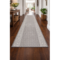 Hall Runner Flatweave 67 or 80cm wide Dahab Silver Grey Ivory Rubber Backed By the Meter Greek Key