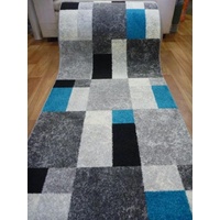Bright Black Greys n Teal Hall Runner 80cm wide by the Meter Boxes 12mm Thick Diamond
