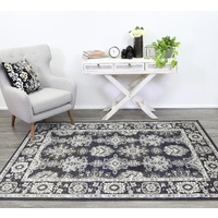 Traditional Thrones Worn Out Floral Border Design Navy Floor Area Rugs and Runners