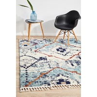 Contemporary Textured Fringed Rabat Design Blue Diamonds Floor Area Rugs and Runners