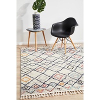 Contemporary Textured Fringed Rabat Design White Diamonds Border Floor Area Rugs and Runners