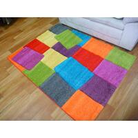 Modern Textured Geometric Design Bright Coloured Squares Multi Floor Area Rugs