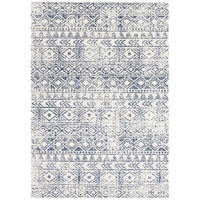 Modern Contemporary Casablanca White Blue Tribal Wash Oblongs & Round Rugs & Hall Runners