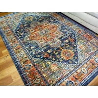 Thick Bright Traditional Tennor Design Washed Medallion Navy Floor Area Rug