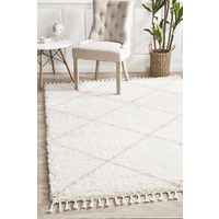 Soft 40mm Thick Fringed Basmati Design Cream Pink Tiles Floor Area Rugs and Runners