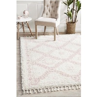 Soft 40mm Thick Fringed Basmati Design Cream Pink Aztec Floor Area Rugs and Runners