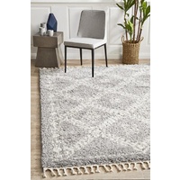 Soft 40mm Thick Fringed Basmati Design Silver Aztec Floor Area Rugs and Runners