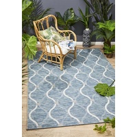 Indoor Outdoor Flatwoven Portico Design Blue Waves Floor Area Rugs and Runners
